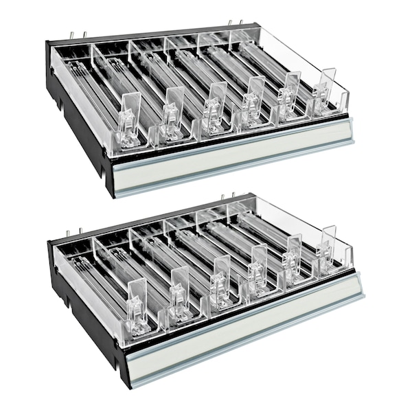 Black 6 Compartment Divider Bin Cosmetic Tray with Pushers - 6 Slots per Tray, 2-Pack